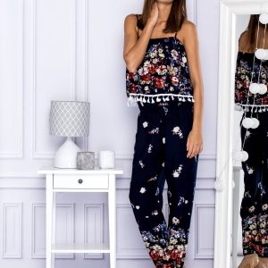 Wholesale Long jumpsuit with floral motif navy blue