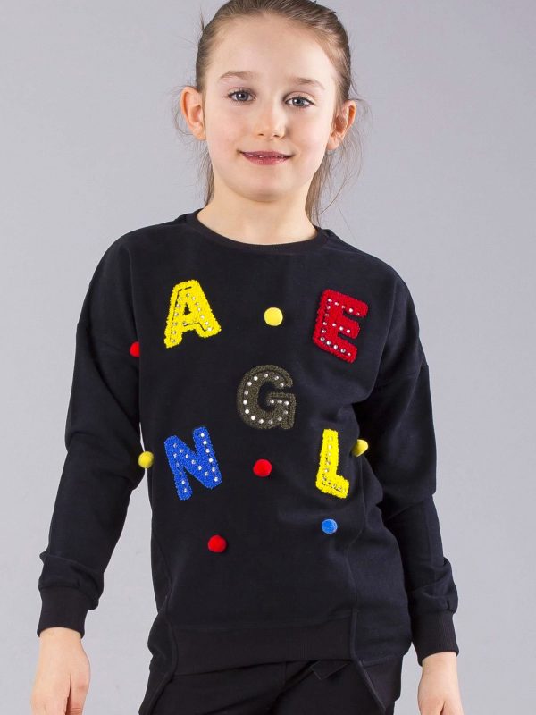 Wholesale Black sweatshirt for girls with appliqué and pomponics