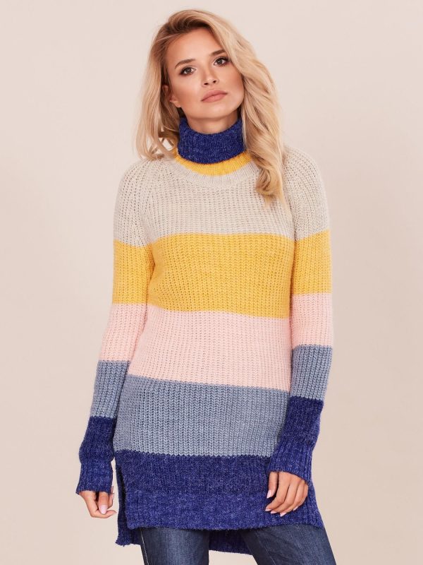 Wholesale Long turtleneck sweater with colorful stripes