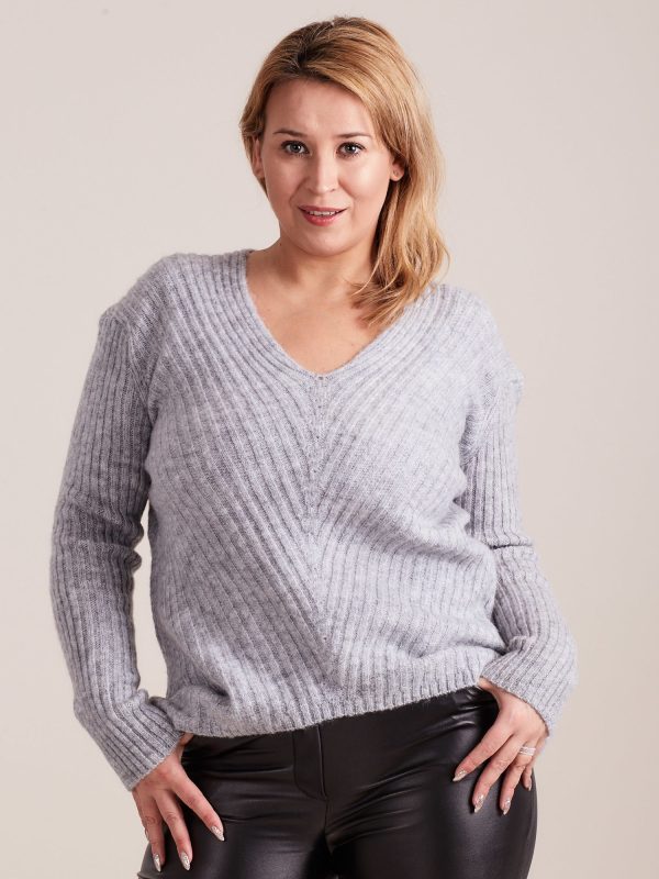 Wholesale Light Grey Plus Size V-Neck Sweater