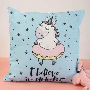 Wholesale Blue decorative pillow with the inscription UNICORN