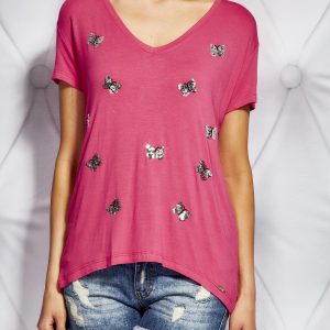 Wholesale Women's T-shirt with sequin butterflies dark pink