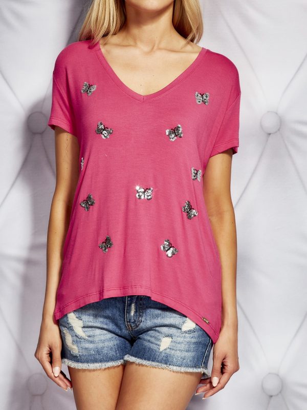 Wholesale Women's T-shirt with sequin butterflies dark pink