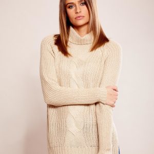 Wholesale Beige sweater in braid with turtleneck