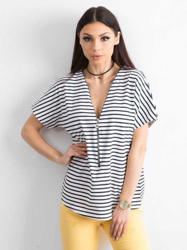 Wholesale Striped blouse with zipper white and navy