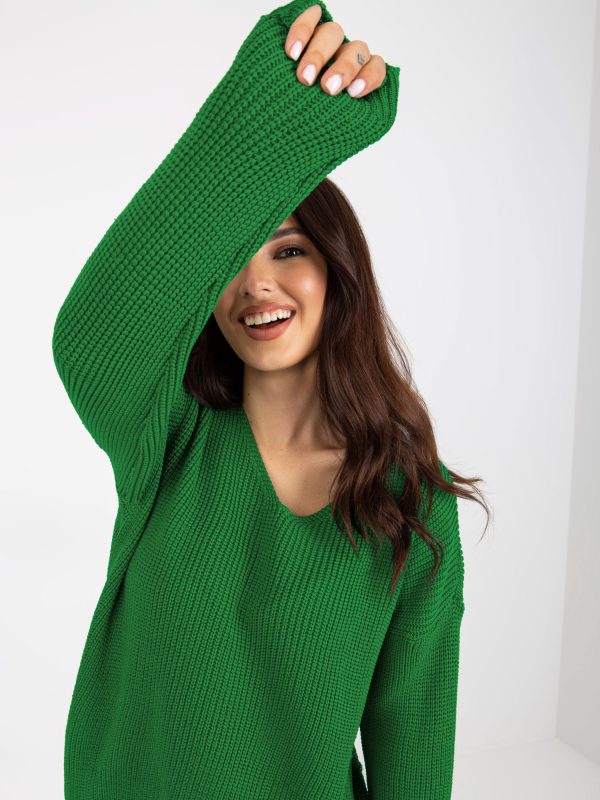 Wholesale Grüner einfarbiger Oversize Strickpullover for Damen