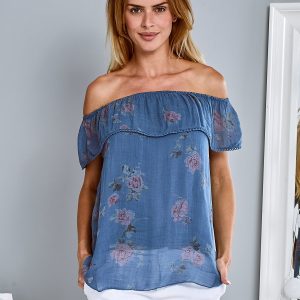 Wholesale Cotton airy Spanish blouse with flowers blue