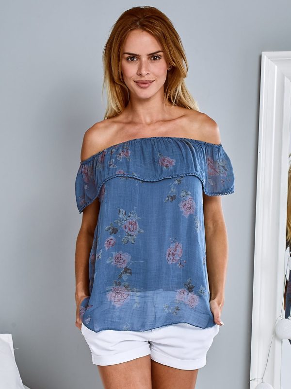 Wholesale Cotton airy Spanish blouse with flowers blue