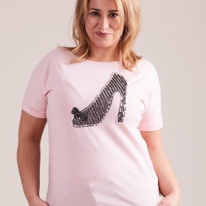 Wholesale Pale pink T-shirt with sequin slipper PLUS SIZE