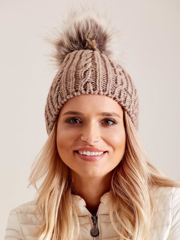 Wholesale Dark beige hat with pompom in braids