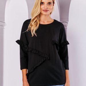 Wholesale Black blouse with asymmetrical flounces