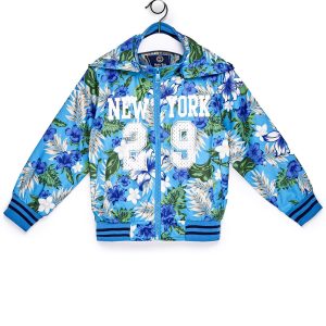 Wholesale Blue children's jacket with tropical motifs