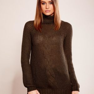 Wholesale Khaki sweater in braid with turtleneck