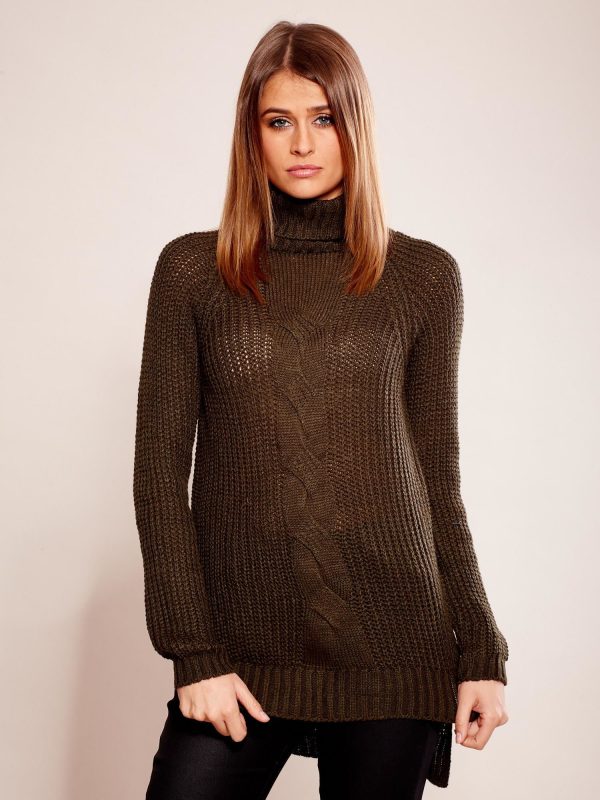 Wholesale Khaki sweater in braid with turtleneck