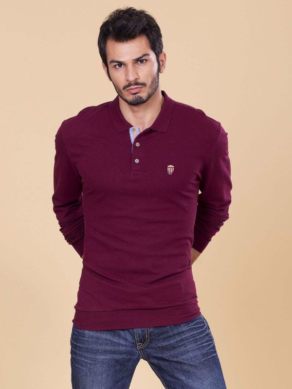 Wholesale Men's Burgundy Long Sleeve Polo Shirt