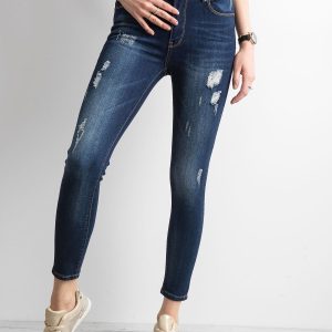 Wholesale Denim skinny pants with abrasions blue