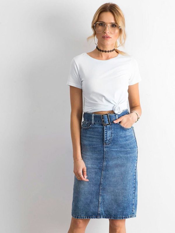 Wholesale Blue denim midi skirt with belt