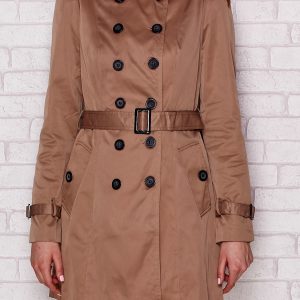 Wholesale Double-breasted coat with belt and pockets dark beige