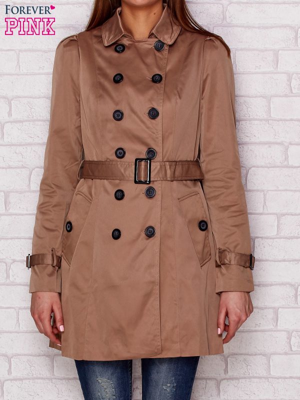 Wholesale Double-breasted coat with belt and pockets dark beige