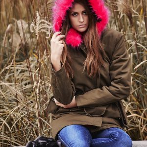 Wholesale Khaki padded parka jacket with pink fur collar