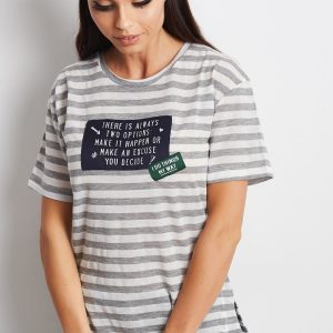 Wholesale Gray striped t-shirt with text stripe