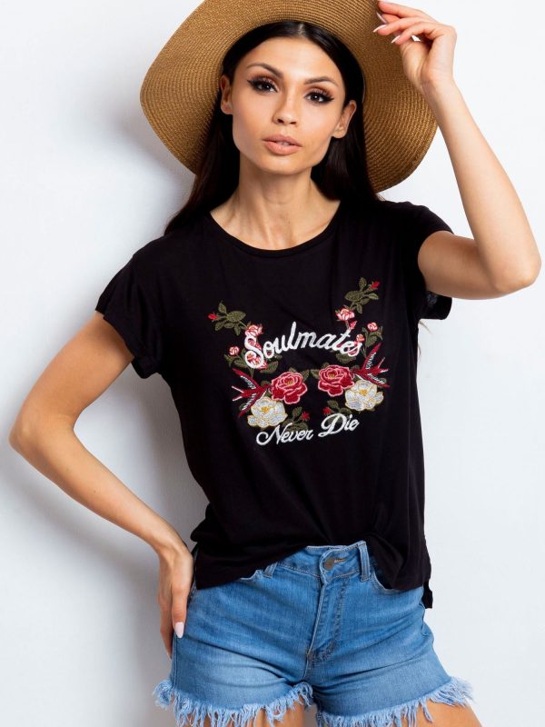 Wholesale T-shirt with embroidered flower print black