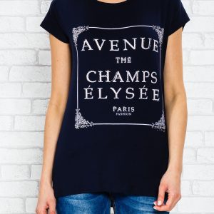 Wholesale Navy blue t-shirt with inscription AVENUE THE CHAMPS ÉLYSÉE