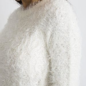 Wholesale White sweater with long hair and sequins