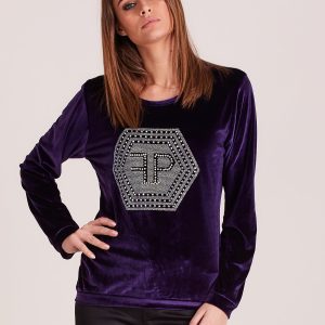 Wholesale Women's velour sweatshirt with shiny pebbles purple