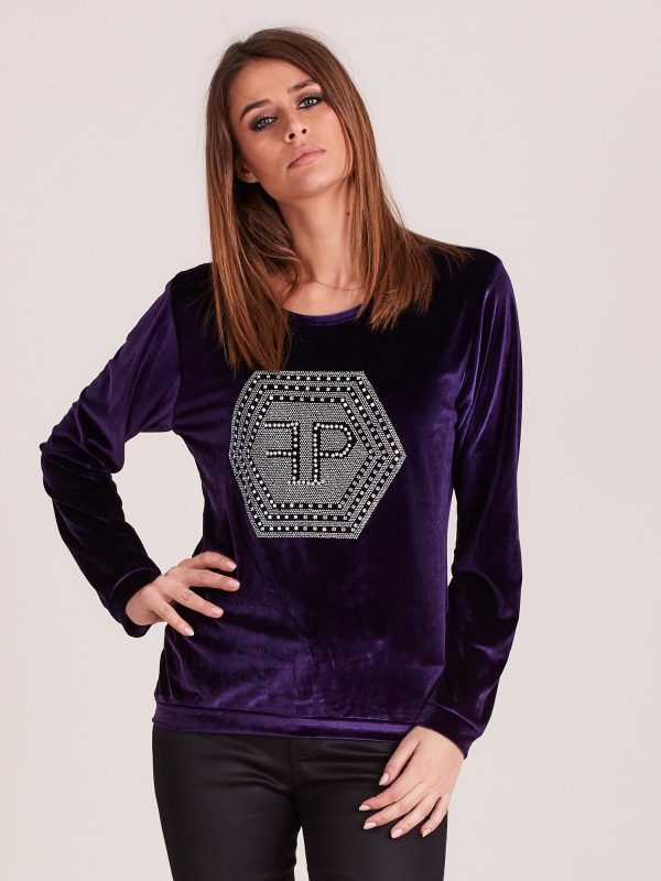 Wholesale Women's velour sweatshirt with shiny pebbles purple