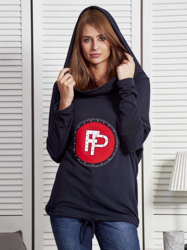 Wholesale Navy blue sweatshirt for women with appliqué and ribbing at the bottom