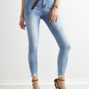 Wholesale Light blue high tube jeans with holes