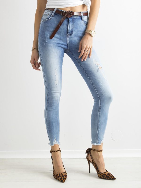 Wholesale Light blue high tube jeans with holes