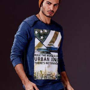 Wholesale Dark blue men's sweatshirt with print and raw trim