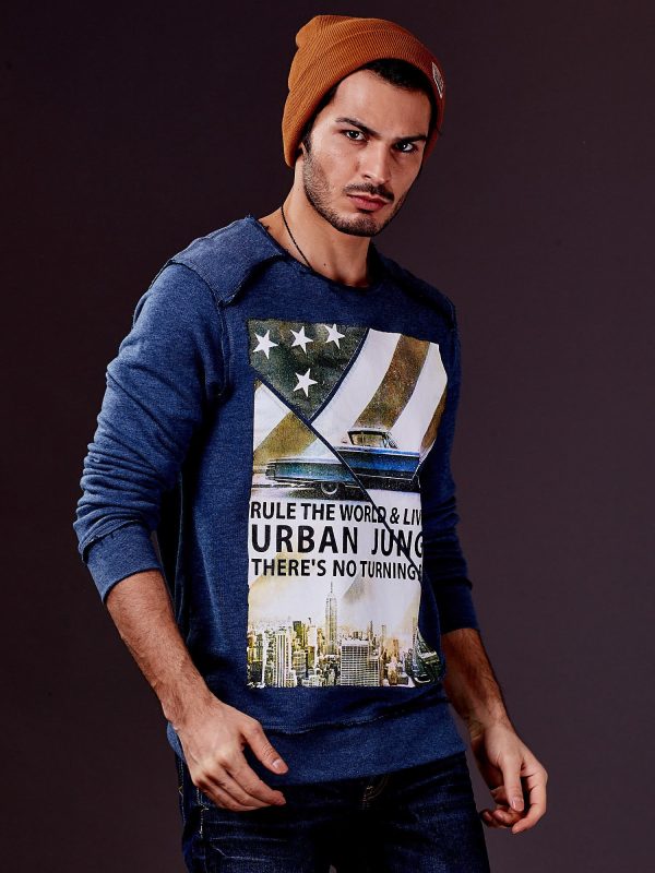 Wholesale Dark blue men's sweatshirt with print and raw trim