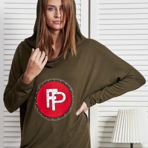 Wholesale Khaki sweatshirt for women with appliqué and ribbing at the bottom