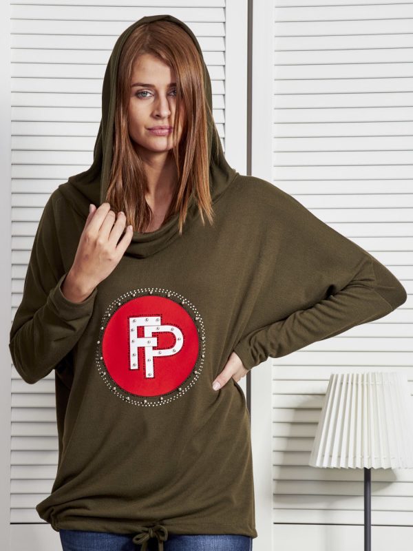 Wholesale Khaki sweatshirt for women with appliqué and ribbing at the bottom