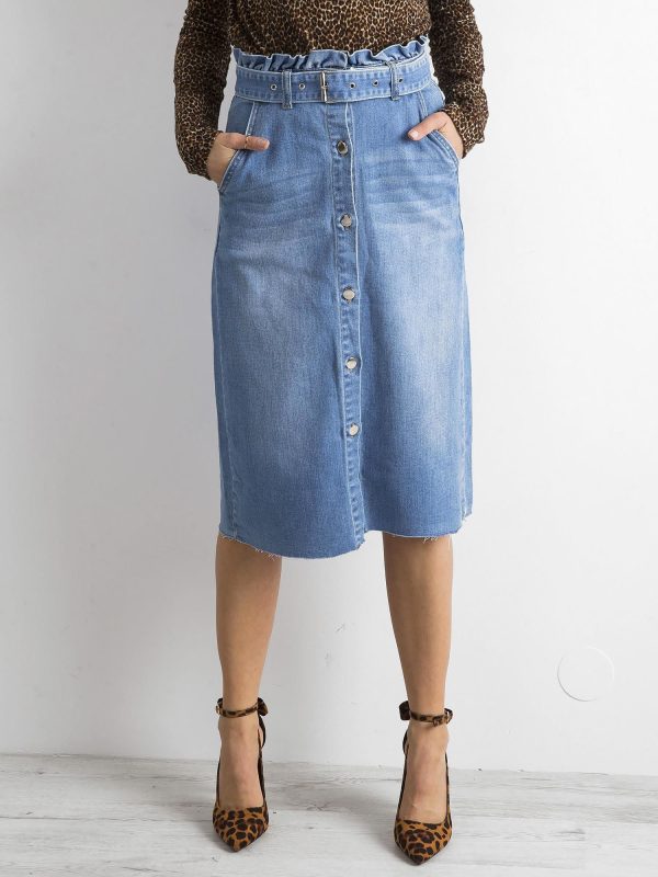 Wholesale Blue denim midi skirt with binding