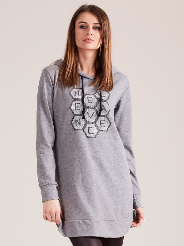 Wholesale Gray sweatshirt tunic with hood and applique