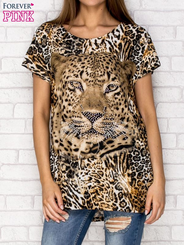 Wholesale Dark brown panther print t-shirt with rhinestones