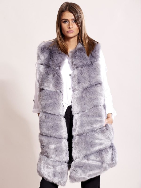 Wholesale Light Grey Long Faux Fur Vest