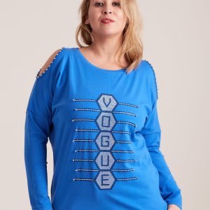 Wholesale Blue cold shoulder blouse with plus size applique