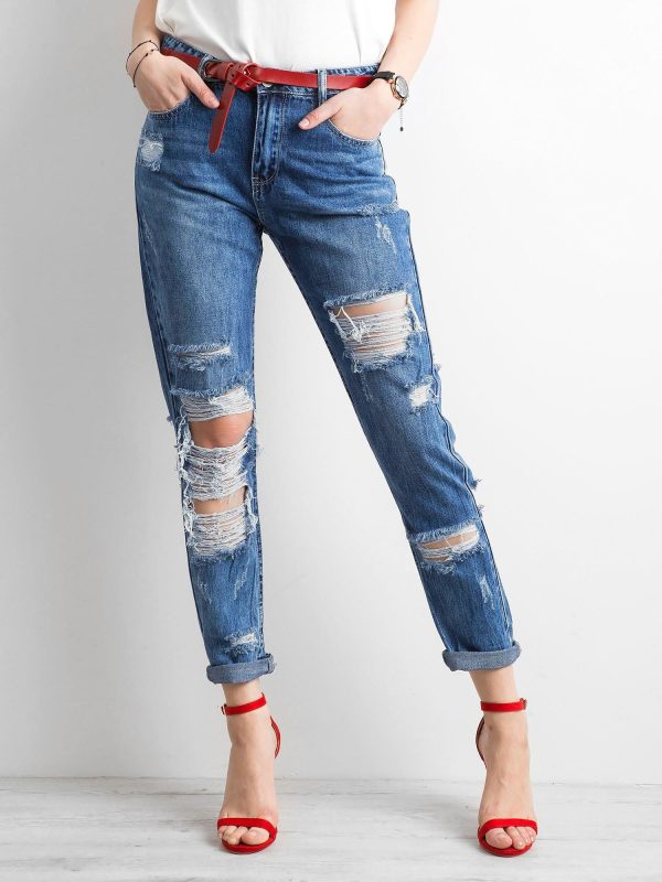 Wholesale Blue mom fit jeans with holes