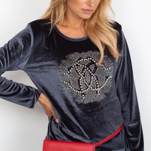 Wholesale Grey velvet sweatshirt for women with appliqué