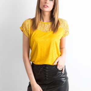 Wholesale Dark yellow t-shirt with lace neckline