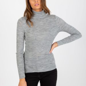 Wholesale Grauer, glatt gestreifter Rollkragenpullover aus Melange