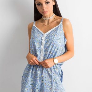 Wholesale Light blue jumpsuit with small plant patterns