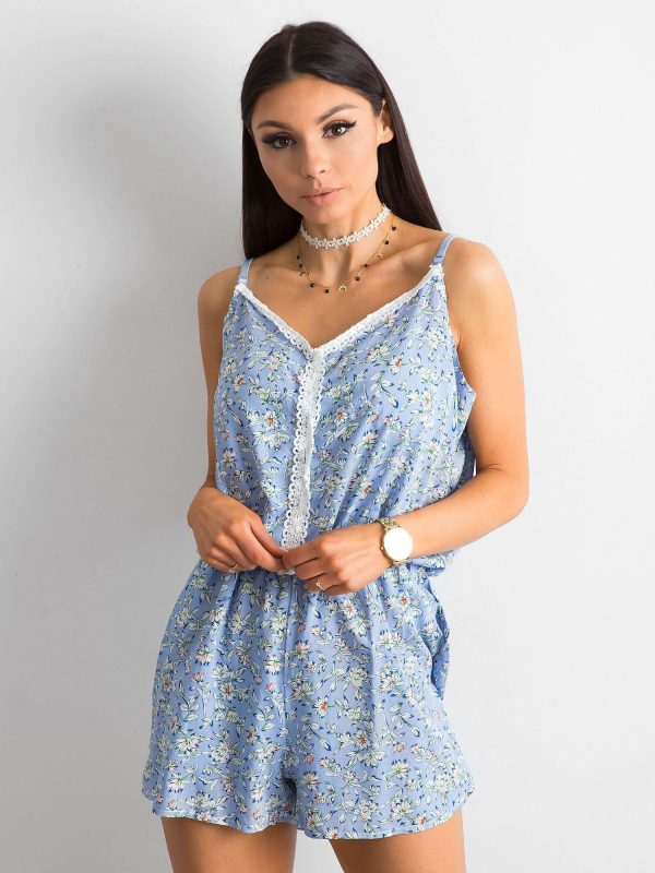 Wholesale Light blue jumpsuit with small plant patterns