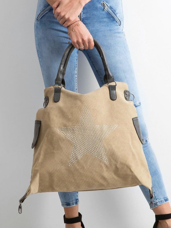 Wholesale Beige canvas bag with rhinestones