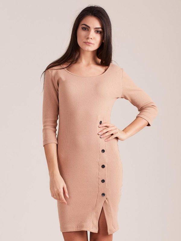 Wholesale Dark beige ribbed dress with slit